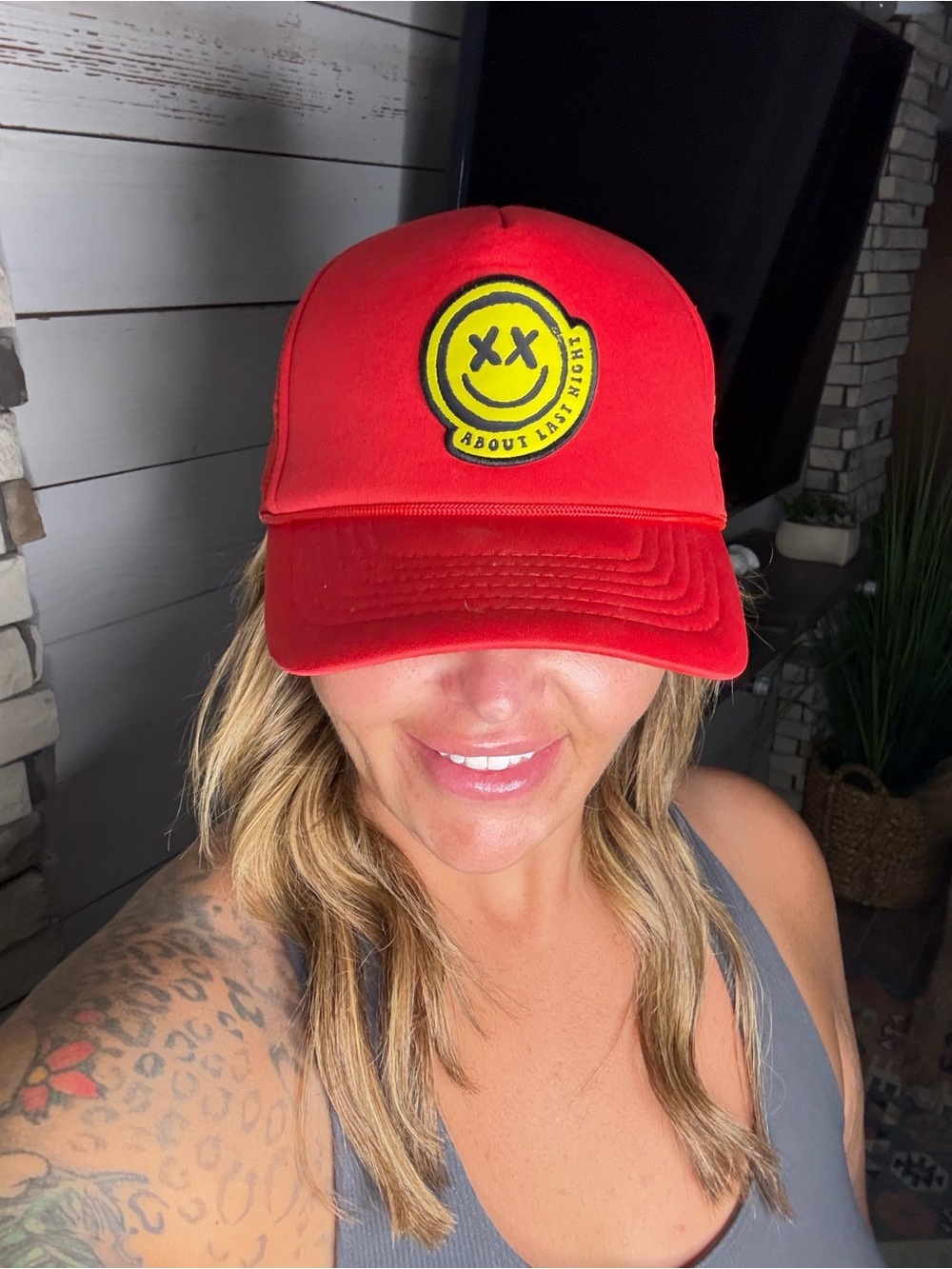 “About Last Night”Red Smile Patch Trucker Hat